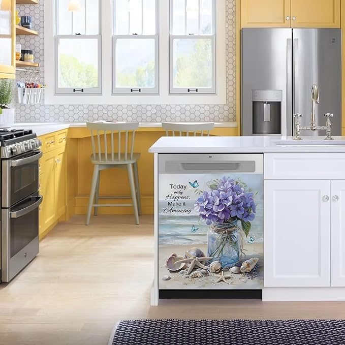 Generic Vase Flowers Dishwasher Magnet Cover, Spring Summer Floral Butterfly Stickers Kitchen Decor, Beach View Starfish Shells Inspiring Quotes Home Appliances Magnetic Panel Decals 23x26