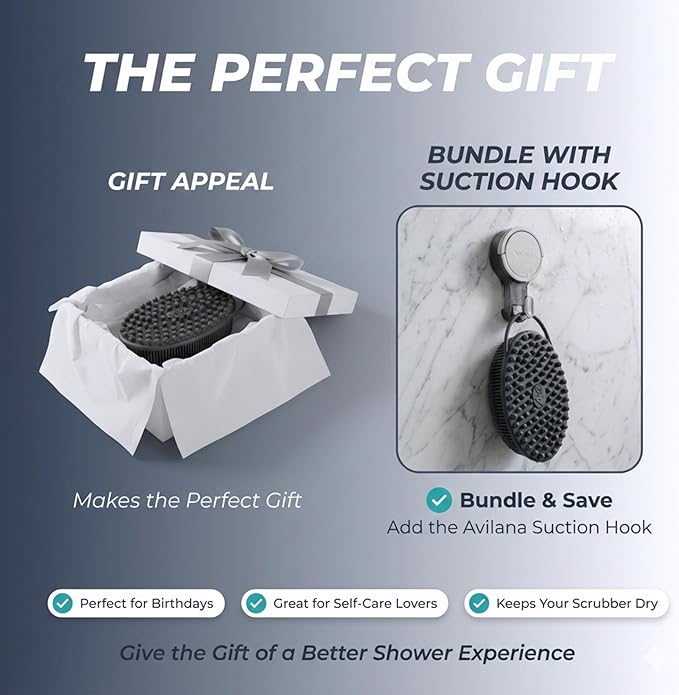 Avilana Silver Edition Back Scrubber Long Handle 19 Inch - Silver-Ion Infused Silicone Bath Brush, ISO Tested Dual Sided, Stays Fresh Extended Reach Back Washer Women Men Seniors Elderly Mobility Gift