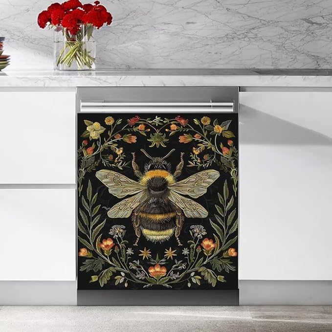 Flower and Bee Painting Dishwasher Magnetic Cover Sticker Refrigerator Fridge Magnet Panel Decal Magnets Home Kitchen Fridge Front Door Cover 23W x 17H inchs