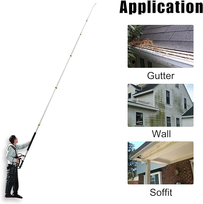 janz 24 FT, Aluminum Telescoping Pressure Washer Wand with 2 Pressure Washer Extension Wands,Gutter Cleaner Attachment, 7 Spray Nozzle Tips, 2 Hose Inlet Adapters, Pivoting Coupler and Support Harness
