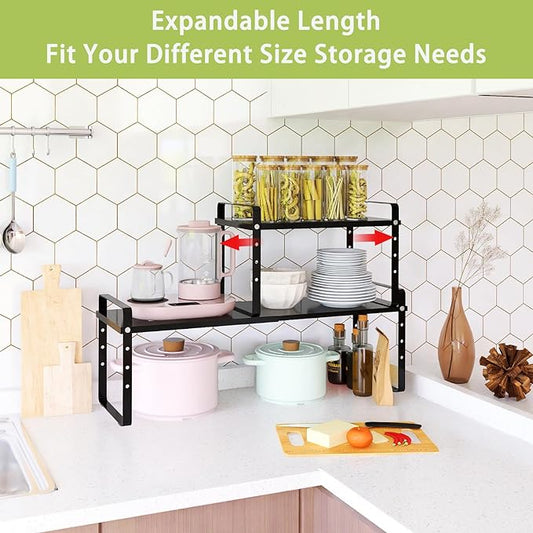 Expandable Cabinet Shelf Organizer Rack, Stackable Kitchen Counter Storage Shelves Stand, Adjustable Height Pantry Shelf Spice Rack