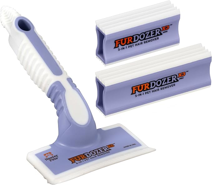 FurDozer Pet Hair Remover & Auto Detailing Tools - Cat & Dog Hair Remover for Carpets, Car Interiors, Couches, Bedding, & Pet Furniture (Purple, (3 Pack) - X6, X3 PRO, X3 MINI) by NeaterPetBrands