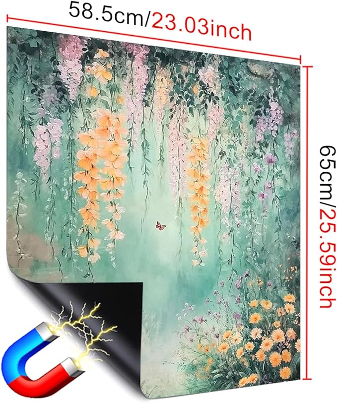 Dishwasher Magnet Cover 23x26 in Waterfall Flowers and Butterfly Over Mint Green Background Magnetic Dishwasher Cover for Kitchen Appliance Decoration Front Panel Sticker Panel Home Decor