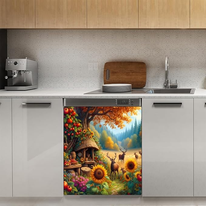 Autumn Deer Tree Dishwasher Magnet Cover for The Front Magnetic Dishwasher Door Covers Dish Washer Sticker Wrap Home Decorative Appliances Panel Decal Kitchen Decor 23" x 26" (Magnetic)