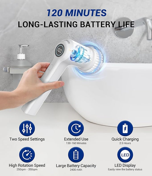 AIRSEE Cordless Electric Spin Scrubber, Handheld Power Shower Cleaner Brush, 2 speeds, 6 Replaceable Brush Heads for Cleaning Floor, Window, Bathroom, Kitchen, for Elderly & Busy Family