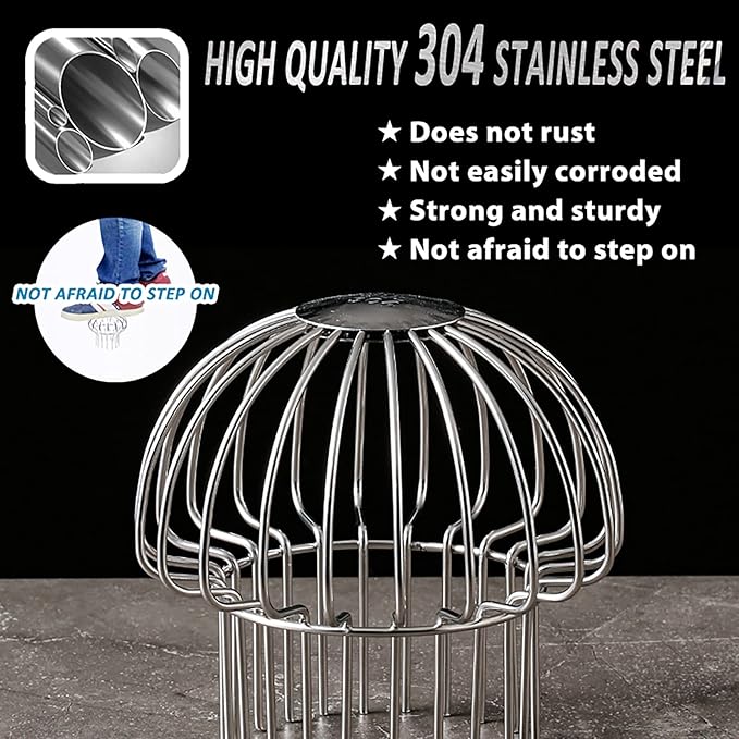 Gutter Guard 304 Stainless Steel Outdoor Roof Drain Anti-Blocking Line Cap, Mushroom Type Drainage Gutter Guard Filter, Gutter Cleaning Tool, for Stops Leaves Seeds and Other Debris,4in