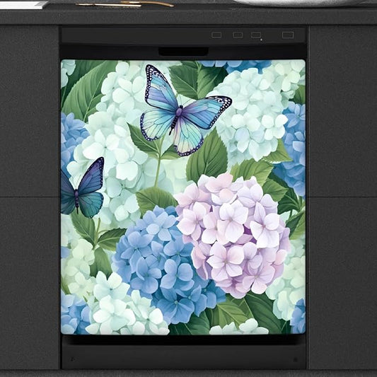 Dishwasher Magnet Cover Butterfly Hydrangea Flowers Reusable Dishwasher Magnetic Cover Sticker Decorative Dish Washer Door Cover Panel for Home Kitcen Appliance, 21x26 in