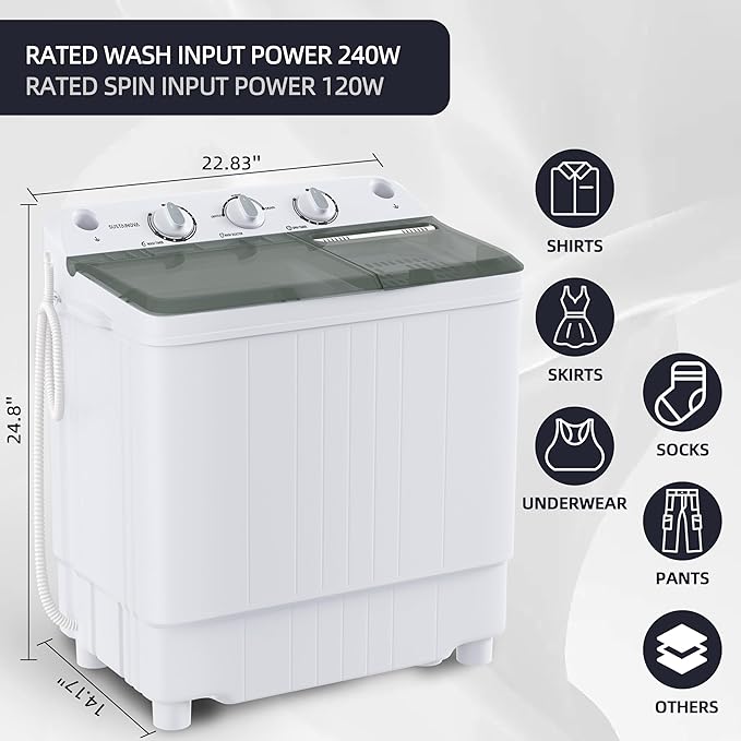 Elevon Portable Washing Machine Twin Tub 9.9 Lbs Capacity, (7.7 Lbs) and Spinner(2.2 Lbs) Combo Mini Compact Laundry Washer for Home, Apartment, Camping, RVs and Dorms, Black/White