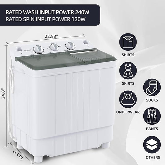 Elevon Portable Washing Machine Twin Tub 9.9 Lbs Capacity, (7.7 Lbs) and Spinner(2.2 Lbs) Combo Mini Compact Laundry Washer for Home, Apartment, Camping, RVs and Dorms, Black/White