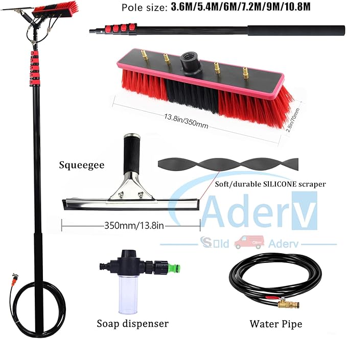 3.6-10.8 M Washing Kit: Water-fed Brush,Squeegee,Soap Dispenser, Window Cleaning Pole, Water Fed Telescopic Brush, Window Cleaner Equipment, Car Cleaning Brush (35cm Brush,9M)