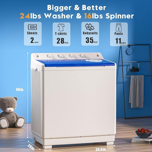 Auertech Portable Washing Machine, 40lbs Twin Tub Washer Large Laundry Machine with Drain Pump, Semi-automatic 24lbs Washer 16lbs Spinner Combo for Dorms, Apartments, RVs