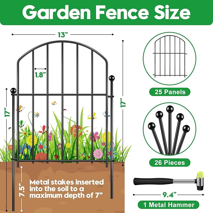 Decorative Garden Fence 17in (H) x25ft (L), Arched Rustproof Metal No Dig Fence for Dogs & Rabbit, Ornamental Animal Barrier for Flower Beds, Border Panels Fencing for Yard & Patio Outdoor Decor