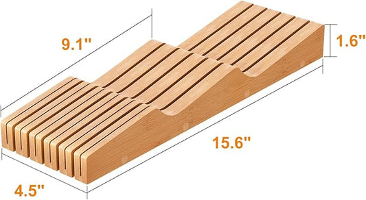 In-Drawer Knife Block Organizer - Bamboo Wood Drawer Knife Organizer-Protecting Knife Organizer Block (Not Included) (Natural, 11 Knives Dock)
