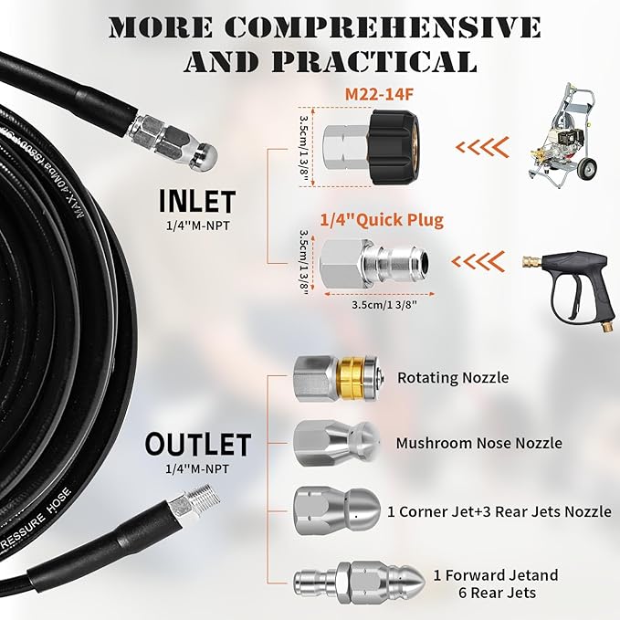 Sewer Jetter Kit for Pressure Washer, 25FT Drain Cleaner Hose 5800PSI with 1/4 Inch NPT Corner, Rotating Nozzle and 4 Different Button Nose Sewer Jet Nozzles, Waterproof Tape and 2 Spanners (Black)