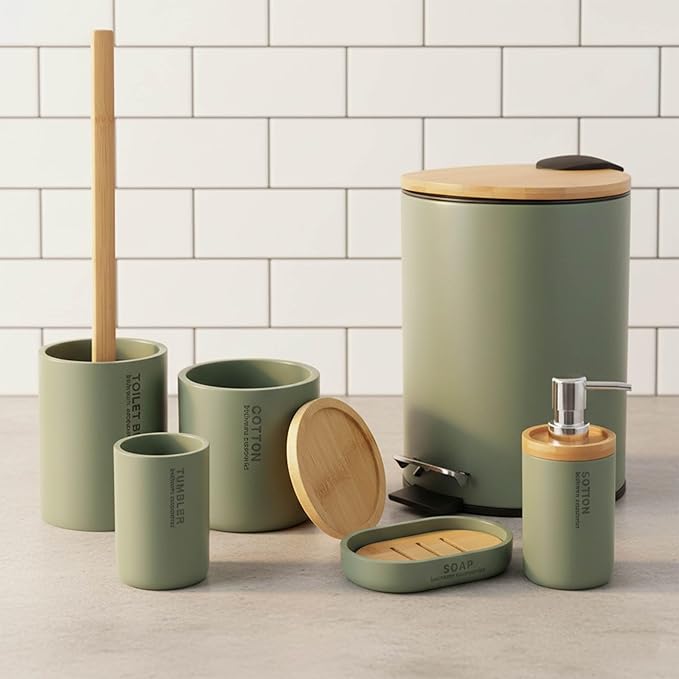 Chic Matte Green Toilet Brush Holder Set with Natural Bamboo Handle - Polyresin Bathroom Cleaning Accessory (Green, Toilet Bowl Brush Only)