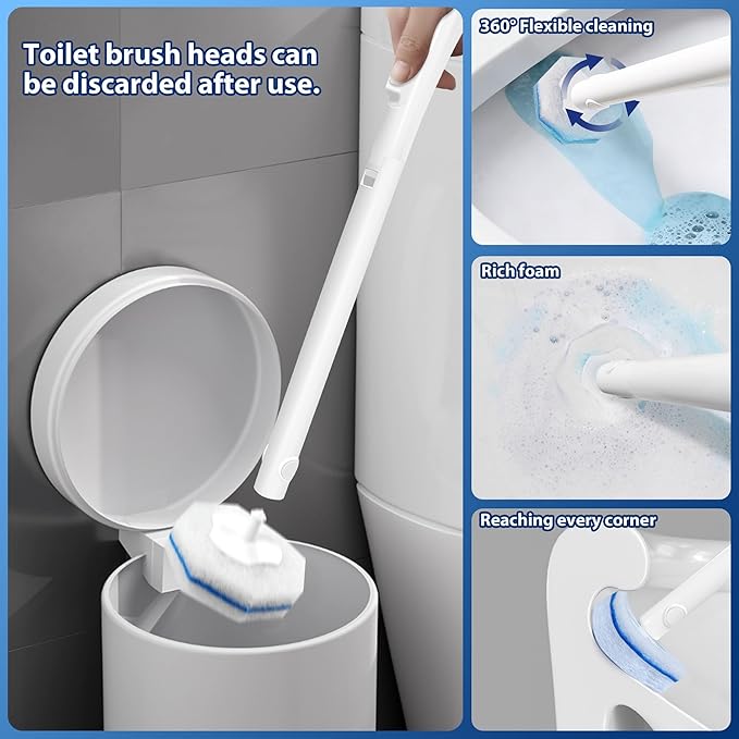 2 Pack Disposable Toilet Brush Set with 60 Refills, Wall-mounted Toilet Bowl Wand Kit-2 Extend Toliet Wand, 2 Storage Holder&60 Disposable Refill Pre-Filled Cleaning Solution for Deep Cleaning Toilet.