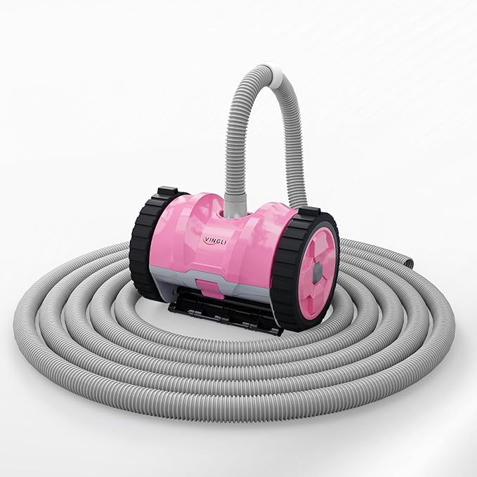 (2025 Upgrade) VINGLI Pool Vacuum Cleaner, Suction Side Wall-Climbing Sweeper for Ground&Inground Pools, Automatic Pool Vacuum with 39.6ft Tangle-Free Hose (Comfort Pink&Gray)