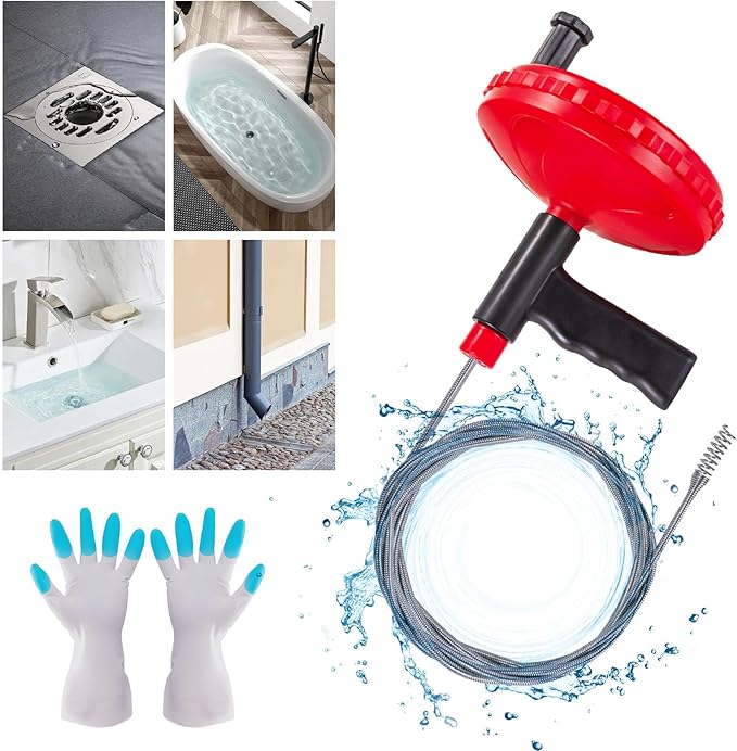 Drain Snake Flexible Steel Drain Auger With Drill Adapter Manual Or Powered Toilet Snake for Bathtub Drain, Bathroom Sink, Kitchen Cleaning with Gloves(30ft/9M-Red)