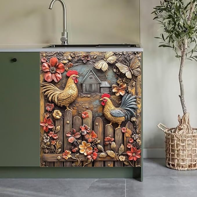 Rooster Chicken Farmhouse Kitchen Decor Dishwasher Magnet Cover Decal, Embossed Butterflie sMagnetic Dish Washer Panel Door Vinyl Sticker, Refrigerator Magnets,Easy to Clean, 23 x 26 inch