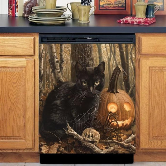 Generic Black Cat & Pumpkin Dishwasher Face Cover, Decorative Happy Halloween Stickers - Skull, Forest Fridge Door Cover, 23Wx26H