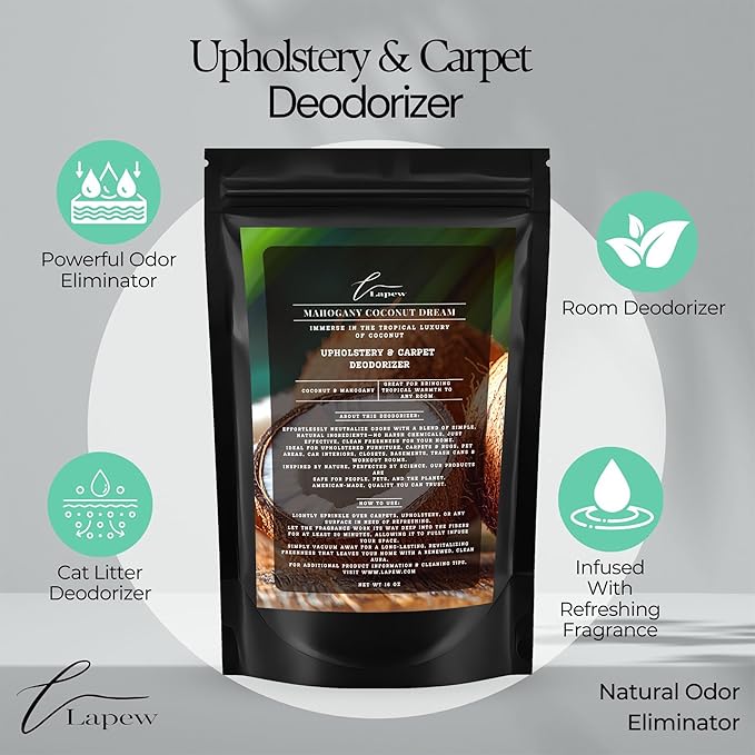 Lapew Mahogany Coconut Dream Scented Cleaning Bundle | Carpet Deodorizer Powder (16 oz) & Mop Soap Concentrate (36 oz) | Pet-Friendly Odor Eliminator