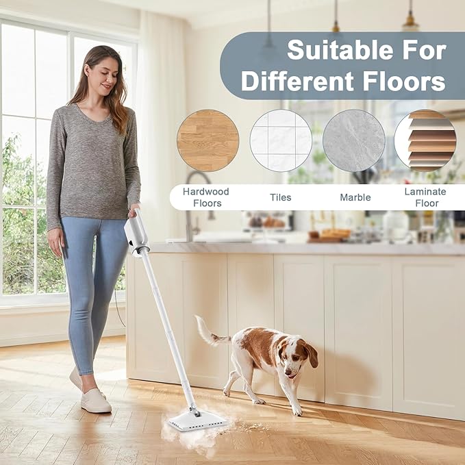 6-in-1 Steam Mop, 1200W Rotated Steam Cleaner for Home, 2 Modes, 400ML Removable Tank, 23FT Cord, 2 Washable Pads, Multi-Surface Steamer for Hard Floor, Laminate Floor, Tiles Cleaning (Pearl White)