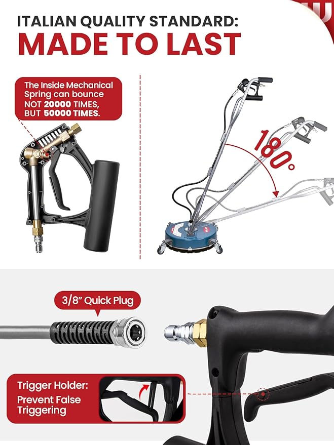 WOJET 20” Pressure Washer Surface Cleaner with 4 Wheels & Dual Handles, 4500PSI Surface Cleaner Attachment for Pressure Washer for Concrete Driveway Sidewalk Deck Patio Cleaning, 3/8'' Quick Connect
