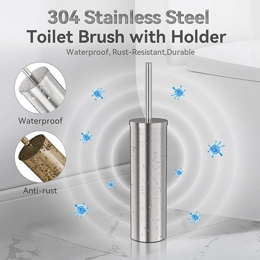 DOWRY Stainless Steel Freestanding Toilet Bowl Brush and Holder with Long Handle for Bathroom Storage Organization,Sturdy Deep Cleaning Toilet Bowl Cleaner Brush,Nickel Brushed SS304-3
