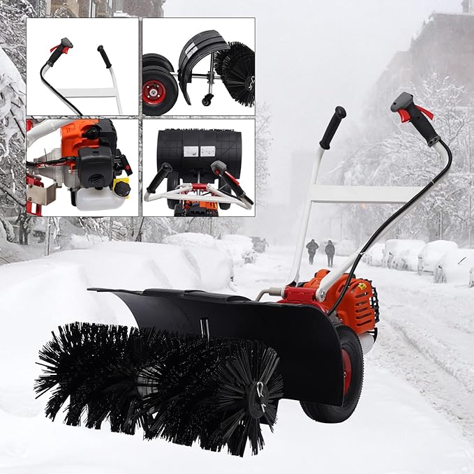2-Handles 52CC Gas Power Broom, 2.5HP Gas Power Sweeping Broom Walk Behind Broom Driveway Turf Grass Cleaning Sweeping Machine Rotatable Brush Head, 10500rpm