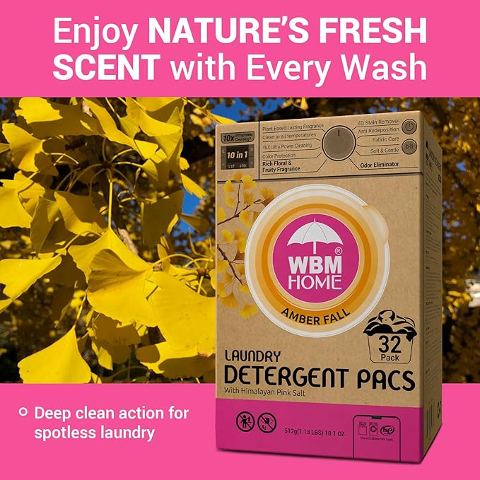 WBM Home Laundry Detergent Pods, Total 128 Count | Amber Fall Fragrance | 10 in 1 Laundry pods Detergent Ultra Power Cleaning with Plant-Based Scent, Extra Protection With 4D Stain Remover