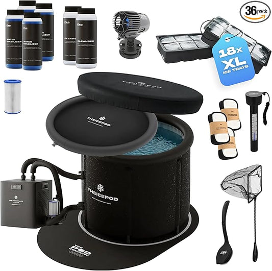 The Pod Company Pro Ice Pod Ultimate Cold Plunge Bundle – 100-Gallon Ice Bath with Pro Water Chiller, 18 Ice Bricks, Insulation Set, Water Jet, Maintenance & Cleaning Kit