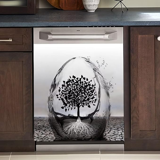 Wine Glass and Tree of Life Art Decoration Dishwasher Cover Black Abstract Decal Magnetic Cover for Dishwasher Front Door 23x26inch Magnet Sticker Kitchen Dishwasher Decor Panel