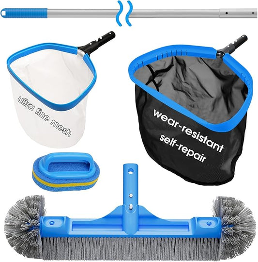 All in One Pool Cleaning Kit - 18'' Repairable Pool Nylon Net & 18'' Detachable Round Brush & 11'' Fine Mesh Skimmer Net & 10 FT Aluminum Poles & Handy Scrubber for Water Line Cleaning