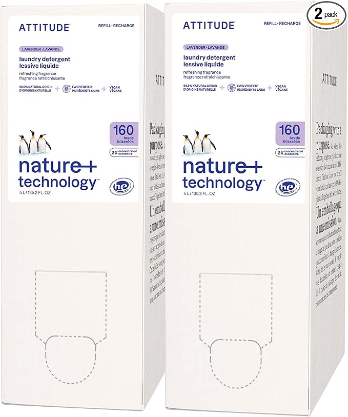 ATTITUDE Liquid Laundry Detergent Refill, EWG Verified, HE Compatible, Plant-Based & Vegan, Natural Laundry Soap, Lavender Scent, 160 Loads, 135.26 Fl Oz (Pack of 2)