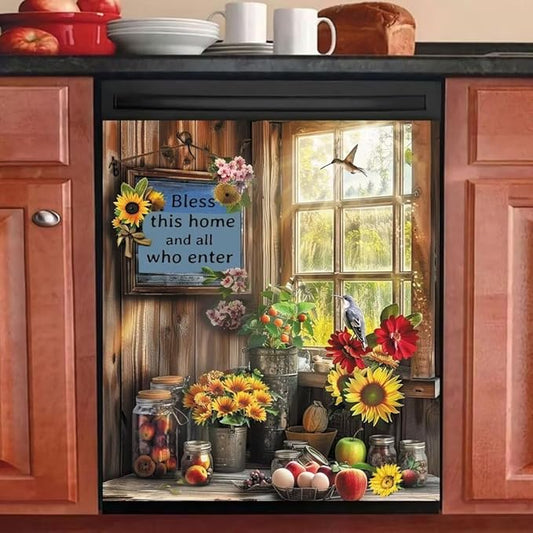 Pastoral Style Dishwasher Magnet Cover, Sunflower Birds Magnetic Dishwasher Door Decal Apples Floral Magnets Kitchen Decorative Sticker Refrigerator Magnets Decor Appliance Panel, 23x26 in