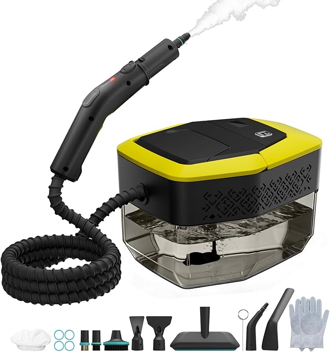 Heapsion Handheld Steam Cleaner, 4 Bar Pressure, 15s Fast Heat-Up, 1.8L Large Capacity Tank, 6 Steam Levels, 12-Piece Accessories, 1500W Portable Steam Cleaner for Grout, Tiles, Kitchen, Car Detailing