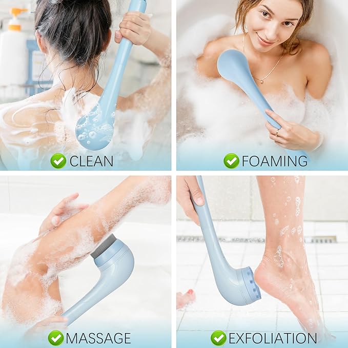 Electric Body Brush, Waterproof Back Scrubber for Shower with Long Handle and 3 Heads, Rechargeable Exfoliating Brush for Body and Foot, Deep Cleansing Massager, Blue