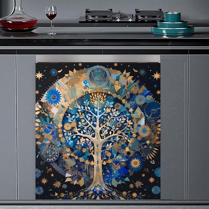 Tree of Life Dishwasher Magnet Cover Vinyl Fridge Panel Decal, Mandala Style Magnetic Refrigerator Front Door Cover, Tree of Life Cabinet Sticker for Home Appliance Decor (23" W x 26" H Magnetic)