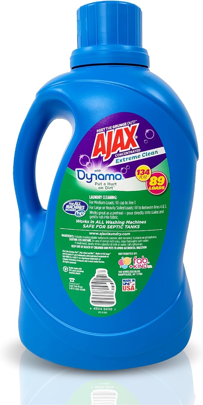 Ajax + Dynamo Mountain Air Laundry Detergent Liquid – Totally Awesome Cleaner with Deep Clean Power, Stain & Odor Remover, HE Compatible, 134oz (Pack of 4), 356 Loads, Fresh Scent