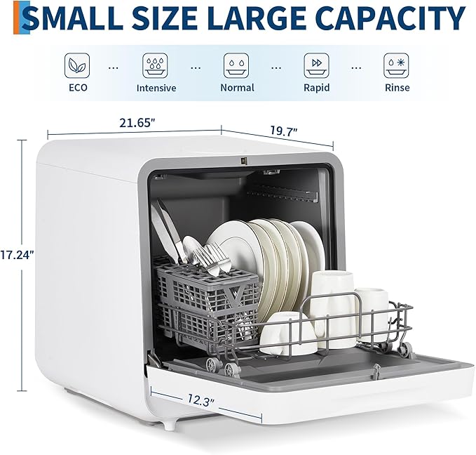 Portable Countertop Dishwasher with Large Display - Dual Water Inlet Modes, 2-In-1s Auto-Fill, 72℃ Hot Air Drying, No Installation, Ideal for Small Apartments