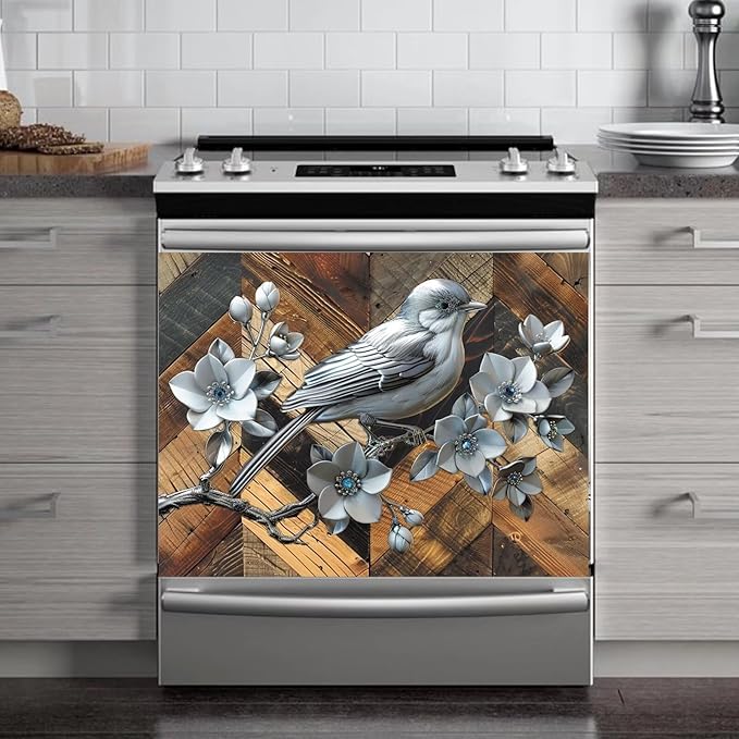 Stainless Steel Bird Flowers Dishwasher Magnet Cover for Home Appliances, Vintage Wood Grain Magnet Refrigerator Panel Decal, Silver Metal Bird Magnetic Dishwasher Sticker 23" W x 17" H