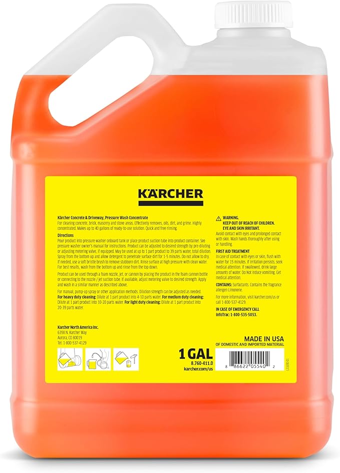 Kärcher Concrete & Driveway Cleaner, Cleans Concrete, Brick, Mansory, and Stone Areas, Highly Concentrated, Makes up to 40 gal of Cleaner, Readily Biodegradable, For Pressure Washers