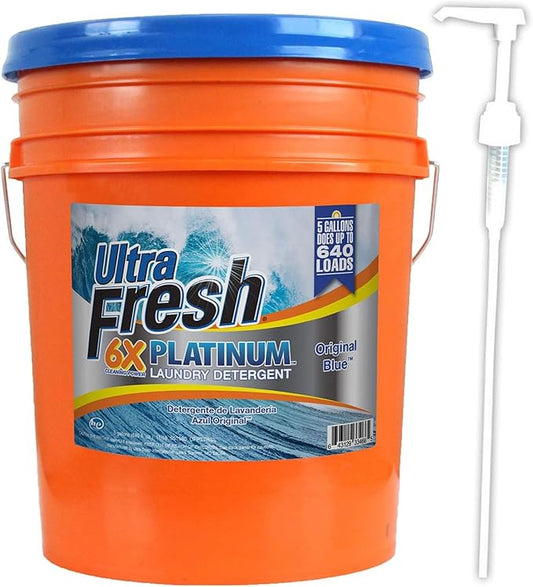 Ultra Fresh 6X Platinum 5 Gallon Laundry Detergent Liquid for All Machine Types with Easy Dispensing Pump, Up to 640 Loads, Original Blue (3 Pack)