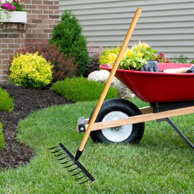 Garden Tool for Soil Preparation Wooden Handle Rake for Flower Beds, 10 Teeth 33x12x10cm