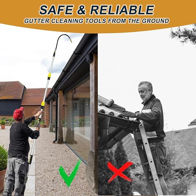 12FT Telescopic Gutter Cleaning Tools from The Ground, Reach to 20FT Gutter Cleaner Wand with Hose Attachment, Aluminum Wand Rain Gutter Cleaner Tool