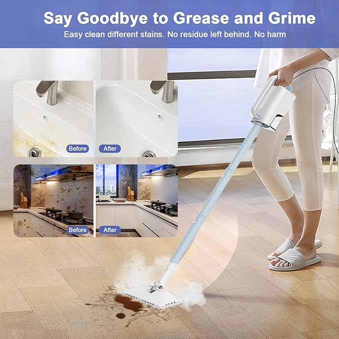 7-in-1 Steam Mop, 1200W Rotated Steam Cleaner for Home, 2 Modes, 400ML Removable Tank, 23FT Cord, 2 Washable Pads, Multi-Surface Steamer for Hard Floor, Laminate Floor, Tiles Cleaning (Light Blue)