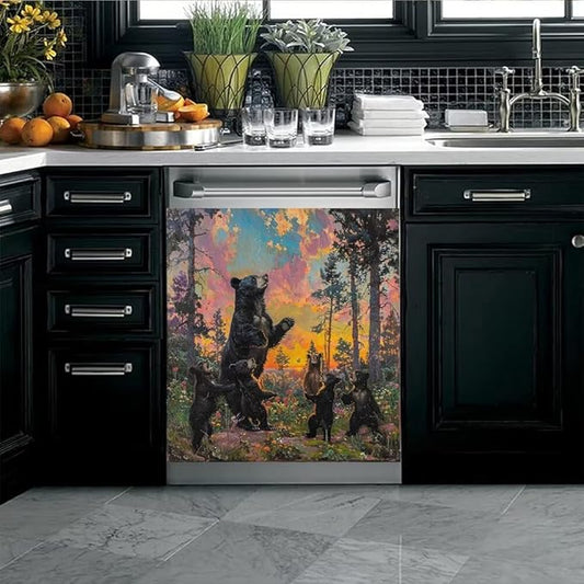 Dishwasher Magnet Cover, Forest Black Bear Family Magnetic Dishwasher Sticker for Kitchen Decoration 23x26in Fridge Panel Vinyl Decal Farmhouse Refrigerator Cover