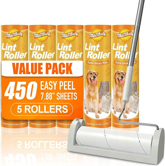 WulaWindy Long Handle Lint Roller for Pet Hair, 450 Sheets, 5 Rolls | Wide lint roller with extendable handle, 450 easy-tear sheets and storage base for pet hair on floors, sofas and carpets. by WulaWindy