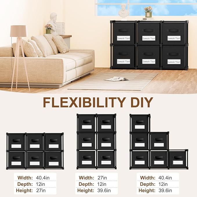 Geelin 6 Sets Cube Storage Organizer Bins with Shelf & Labels 11 Inch, Fabric Collapsible Cubby Toys Clothes Storage Drawer Unit for Daycare Nursery Playroom Bedroom Dorm Organizer (Black)
