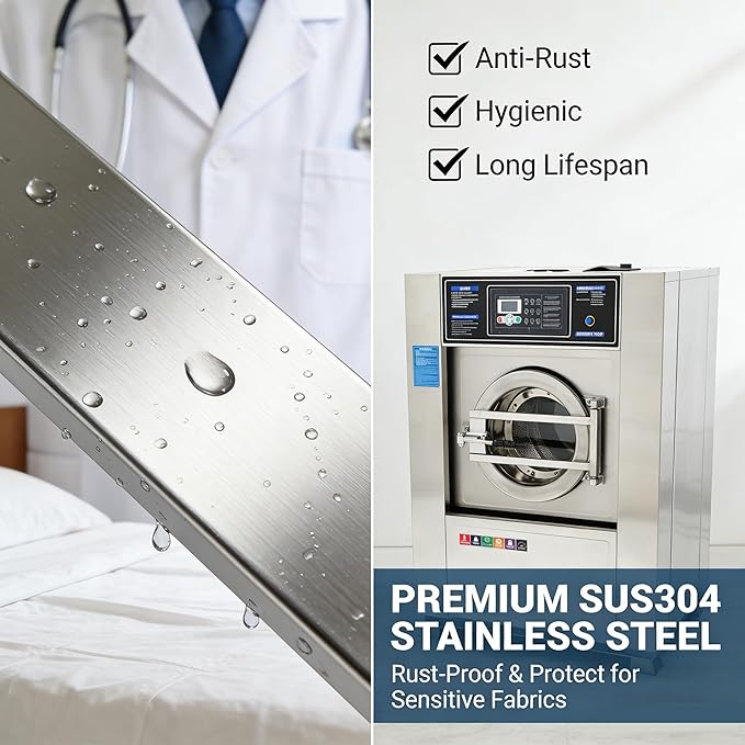 Industrial Front Load Washer Dryer Combo All-in-One Washing Machine with Wash, Spin & Dry 44LBS SUS304 Stainless Steel, Commercial Laundry Machine for Hotel/Hospital/Laundry Shop 220V 60Hz